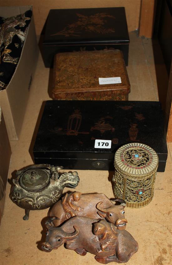 3 Oriental lacquer boxes, 2 carvings & filigree pot & bronze draylon teapot